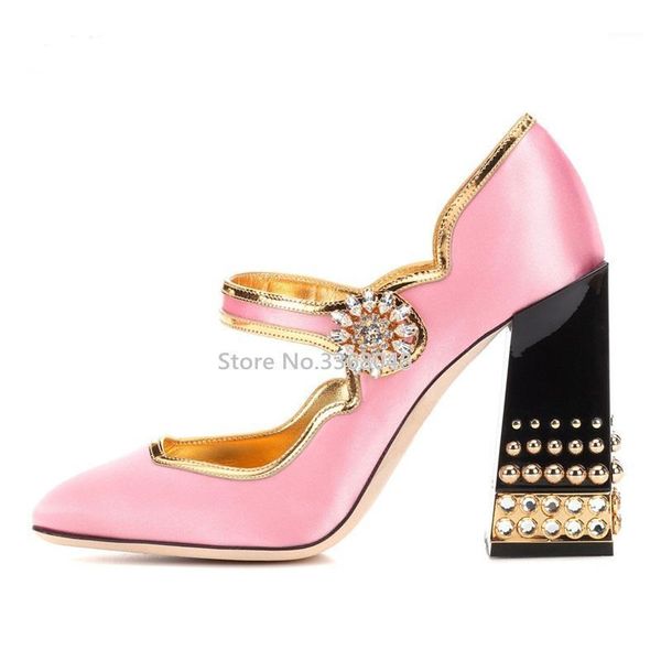 

new elegent crystal buckle pink women pumps chunky high heels runway gold rivets shoes charming party wedding silk shoes woman1, Black