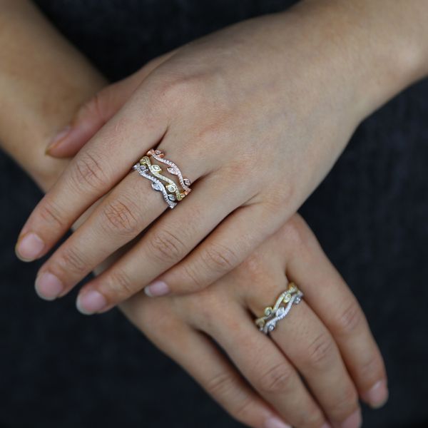 

fashion real 925 sterling silver plant olive leaf stack rings for women wedding tiny band eternity finger ring filigree jewelry, Slivery;golden