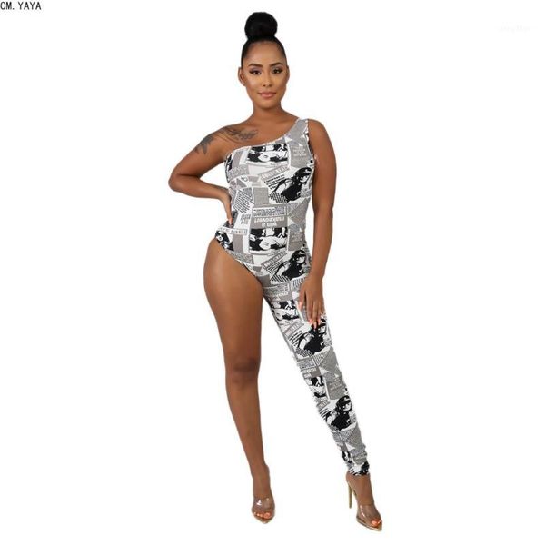 

cm.yaya 2020 winter women one shoulder jumpsuits newspaper printed asymmetric outfits skinny rompers club one piece sh71411, Black;white