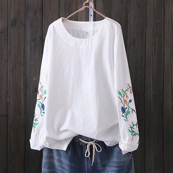 

cotton linen embroidered women blouse floral long sleeve plus size o-neck ladies blouses spring summer loose female y200622, White