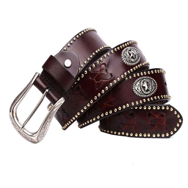 

new western cowboy woven men's rivet head leather knight personality punk belt, Black;brown