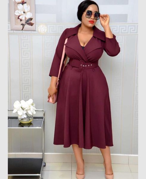 

autumn and winter fashion suit collar dress african large size s-3xl women long sleeve matching belt elegant dress, Black;gray