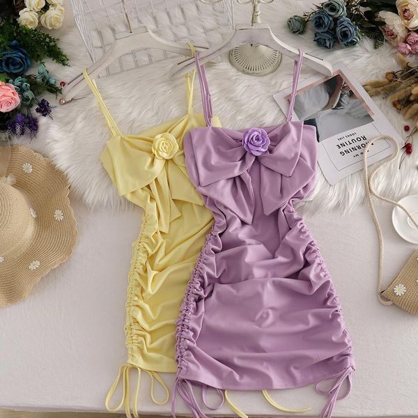 

fast shipping large stock women's solid color straps korean chic dress sleeveless summer backless fold cake dress1, Black;gray