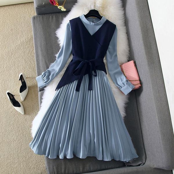 

autumn winter dress full two piece set elegant long sleeve knit slim mid calf long pleated dress 2pcs suit spring outfits high, Black;gray