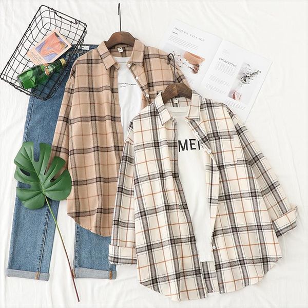 

18 colors autumn plaid shirts womens blouses checked long sleeve oversized cotton casual loose female clothes, White