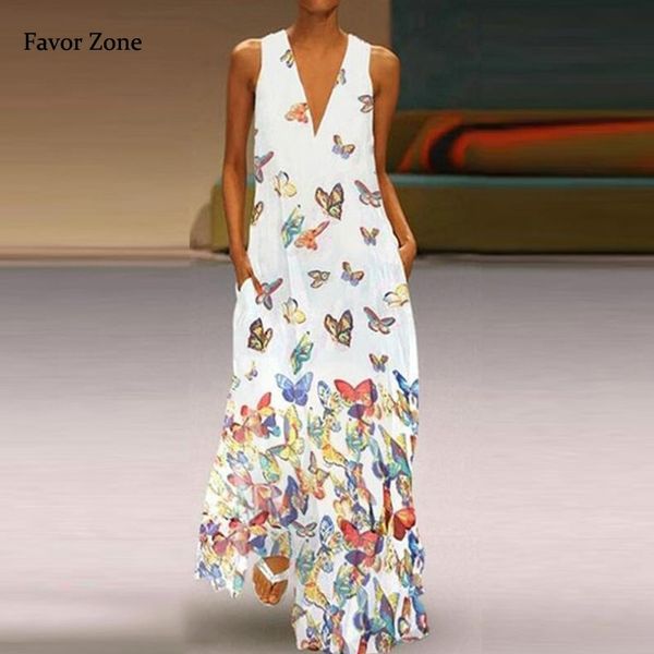 Donne Boho Maxi Long Dress Summer Fashion Butterfly Print Casual Bohemian Holiday Beach Dress senza maniche Tank Abiti da festa sexy T200613