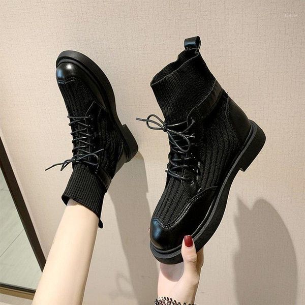 

2020 autumn knitting shoes women boots lace up platform motorcyle boots booties sewing ankle female botas de mujer1, Black