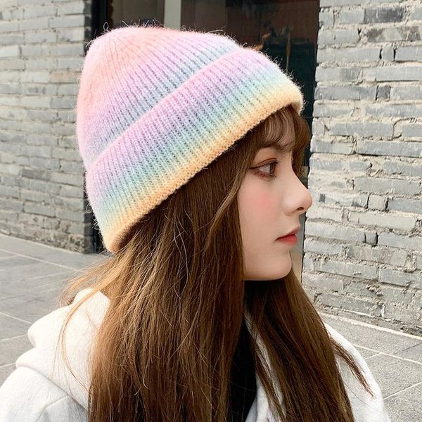 

girl rainbow women gradient tie-dye knit beanie hats female autumn winter outdoor skull cap headwear, Blue;gray