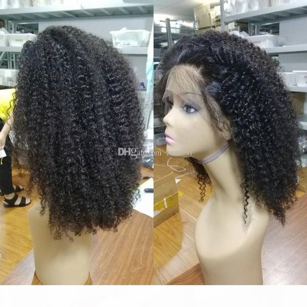

malaysian kinky curly short full lace human hair wig lace front wig kinky curly gluleless wig with baby hair, Black;brown
