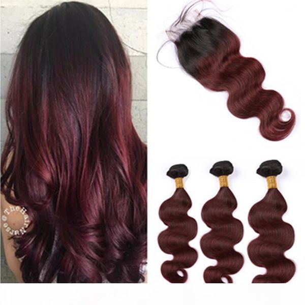 

ombre burgundy malaysian wavy human hair bundles and closure #1b 99j wine red ombre body wave hair weaves 3bundles with lace closure 4x4, Black