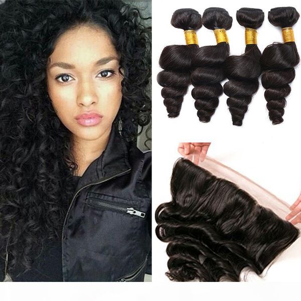 

bleached knots 13x4 lace frontal closure with 4 bundles unprocessed virgin brazilian loose wave silk frontal closure natural color, Black;brown