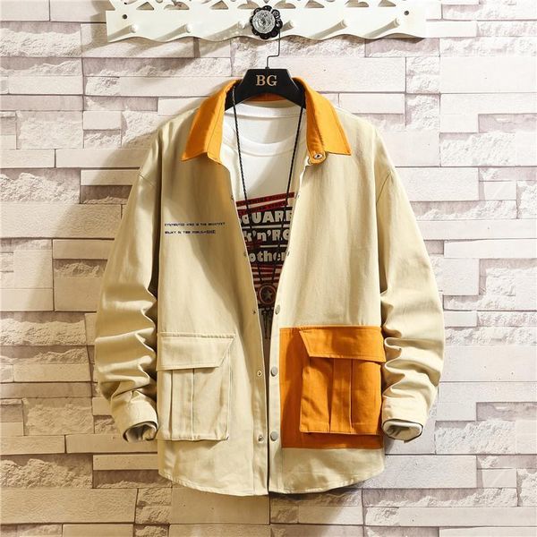 

men korean fashions jackets 2019 autumn mens japanese streetwear color block windbreaker harajuku khaki coats plus size1, Black;brown