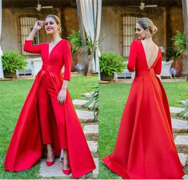 

2021 red prom dresses jumpsuit satin 3/4 long sleeves overskirt v neck custom made plus size evening party gown robe, Black