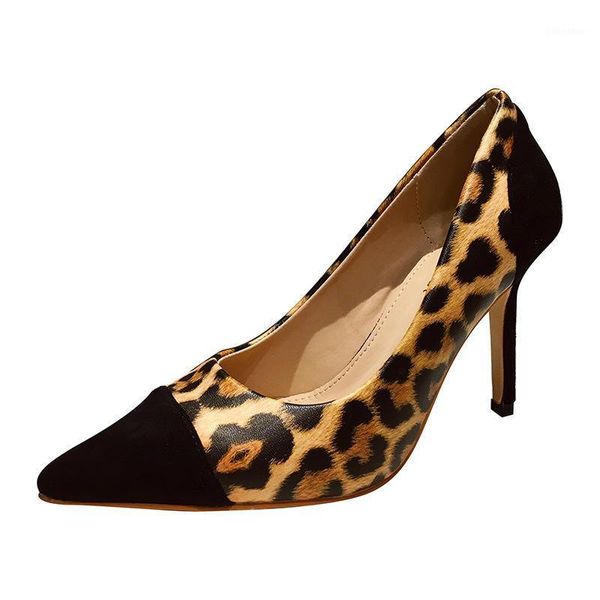 

pumps 9cm women's shoes 2020 new fashion leopard pattern color-blocking stitching fabric shallow mouth stiletto heel high-heel1, Black