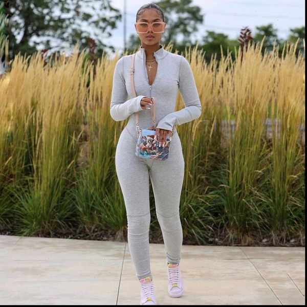 

autumn solid fitness body grey black rompers womens jumpsuit zipper turtleneck long sleeve leggings bodycon jumpsuit women, Black;white