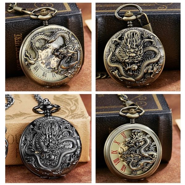 

vintage mechanical pocket watch with chain dragon laser engraved hand winding pendant clock men bronze black flip fob watches t200502, Slivery;golden