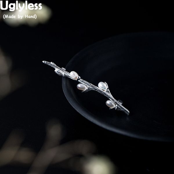 

uglyless 100% real solid 925 sterling silver branch brooches for women elegant nature pearls flower brooch handmade fine jewelry 201009, Gray