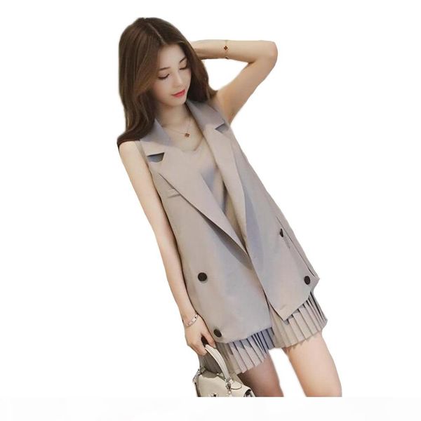 

korean style professional brown vest jacket+pleated strap dress slim elegant office lady business suits female vest suits, White;black