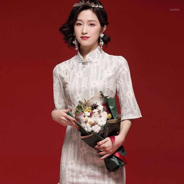 

chinese style cheongsam female lace jacquard wedding qipao dress elegant party outfit club clothes bodycon midi dress1, Red