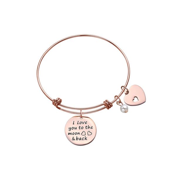 

women girl jewelry i love you to the moon and back bracelet with cut-out heart charm bangle bracelet gifts for mom daughter, Black