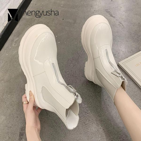 

muffins shine pu platform boots women elastic round toe short botas wedges high heels motorcycle bottes front zipper booties2020, Black