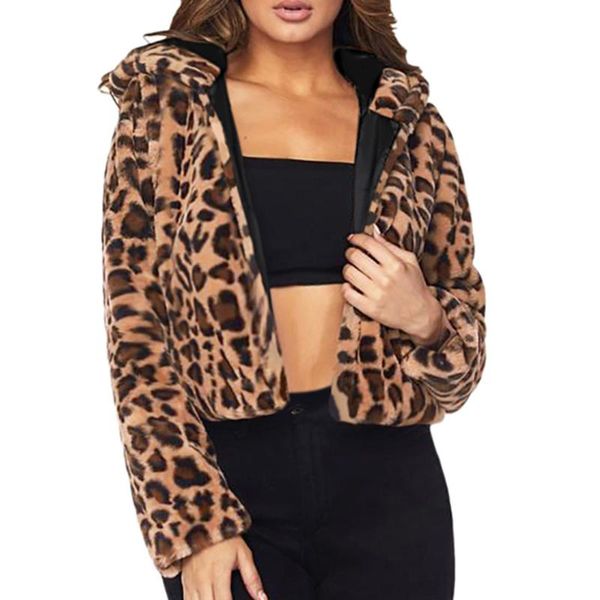 

women winter leopard hoodie faux fur long sleeve cardigan jacket outwear coat, Black