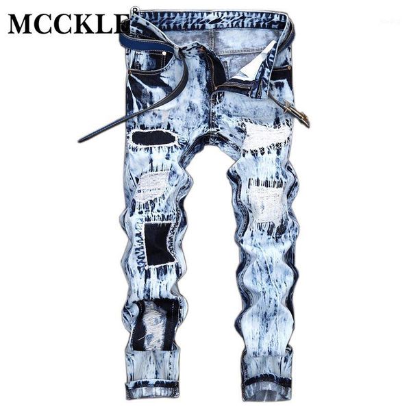 

men's jeans wholesale- mcckle embroidery light blue mens fashion pants distressed denim motorcycle streetwear patch man jeans1