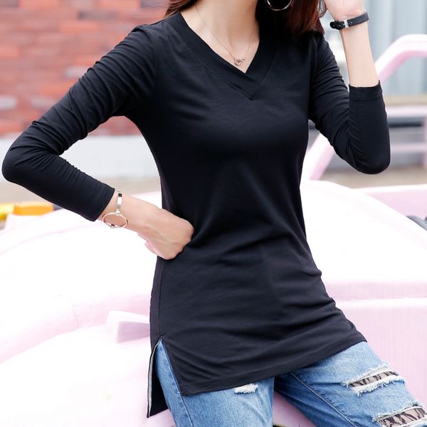

20 autumn new korean casual slub cotton slim t-shirt fit medium long sleeve t-shirt v-neck lady 7boc0, White