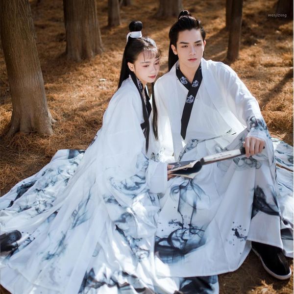 Hanfu blanc traditionnel pour hommes et femmes, imprimé à l'encre, danse folklorique chinoise, vêtements de la dynastie ancienne, robe de fée Hanfu pour Couple BL40351295p