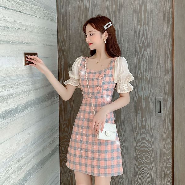 

2020 summer new fashion dress dresssequins dresssequins short sleeve square collar skirt mid long korean version of thin temperament plaid d, Black;gray