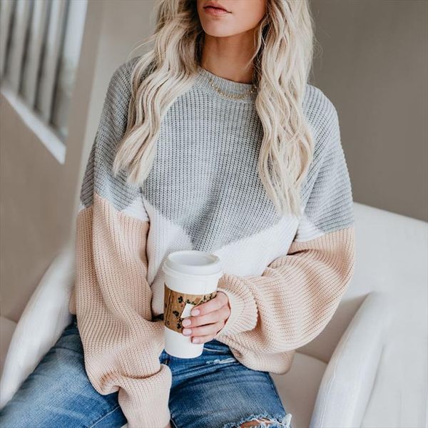 

oversized sweaters for women loose knitting pullovers round neck patchwork lantern sleeve jumpers winter women sweaters, White;black