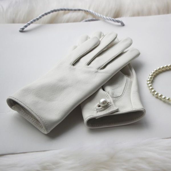

five fingers gloves fashion women genuine leather white luxury pearl decoration for girl winter female mittens clasp luav, Blue;gray