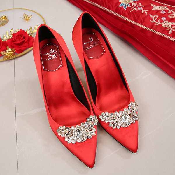 

2021 new female wedding satin thin shoes feminine red heels ssu8, Black