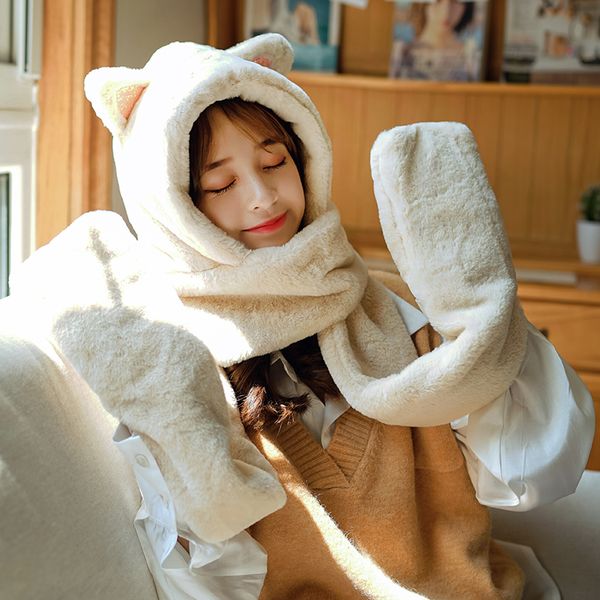 

vipscarf winter rabbit ear hat plush woman one autumn lovely protection warm gloves three piece set tide mvp, Blue;gray
