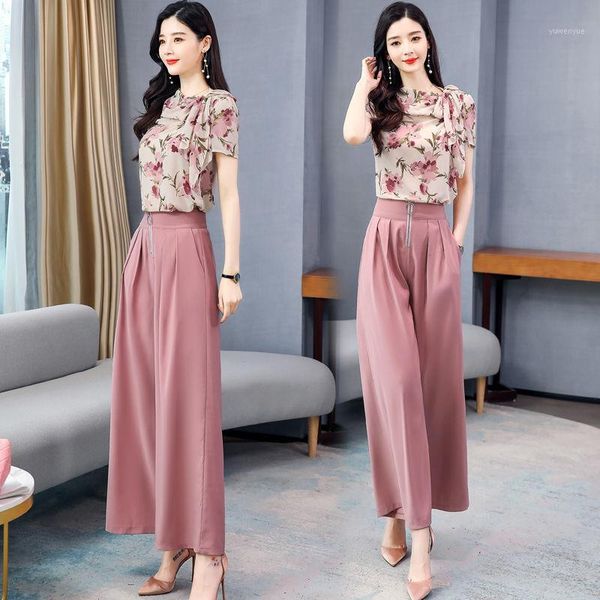 

2020 summer women floral printed chiffon blouse + wide legs high waist pant 2 piece set female two piece suit outfits b511, White