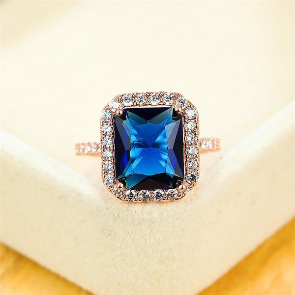 

wedding rings vintage female blue crystal stone ring luxury rose gold color for women promise love square engagement ring1, Slivery;golden