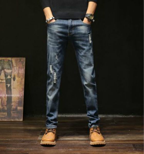 

mens straight jeans 2020fw mens casual ripped jeans hole style slim fit trendy fashion trousers for youth fashion streetwear pants sale, Blue