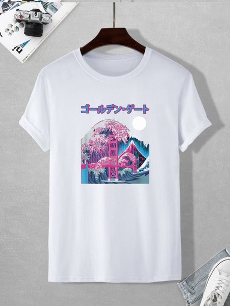 

men wave & japanese letter graphic tee f8in#, White;black
