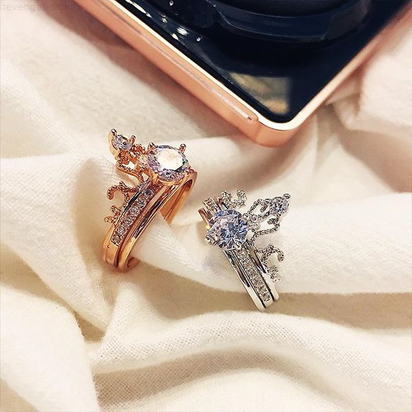 

for new fashion women zircon crown detachable ring double rings set wedding engagement jewelry gift sale, Slivery;golden
