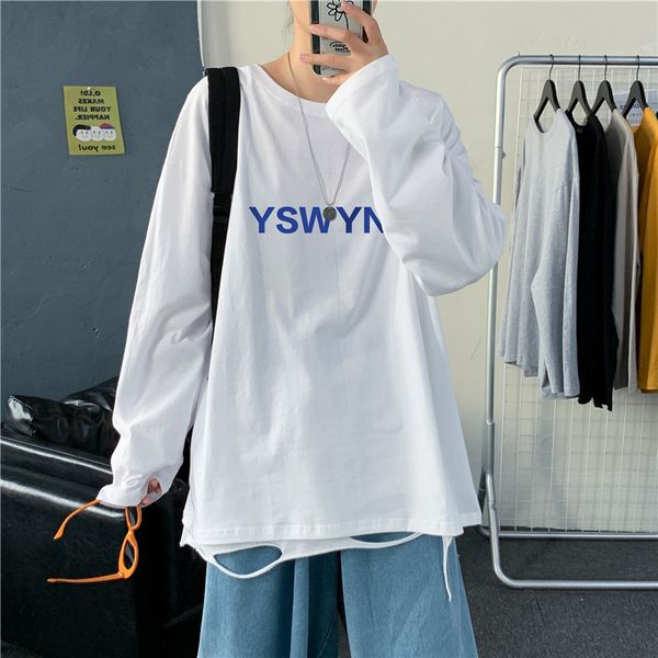 

crew neck personalized printing long sleeve t-shirt men's korean fashion spring and autumn new couple pullover, White