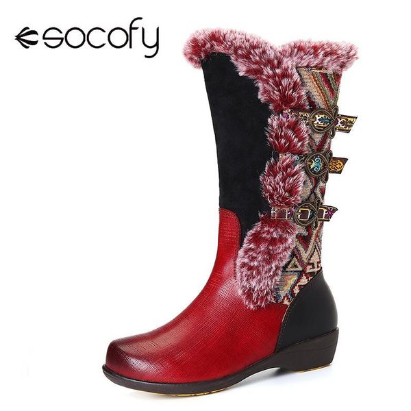 

socofy retro boots genuine leather splicing fur metal buckle warm mid calf flat boots elegant shoes women shoes botas mujer, Black