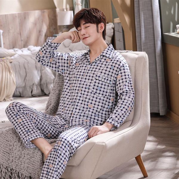 

men's sleepwear autumn and winter pajamas korean version of loose print long-sleeved cardigan lapel knitted cotton home service suit, Black;brown