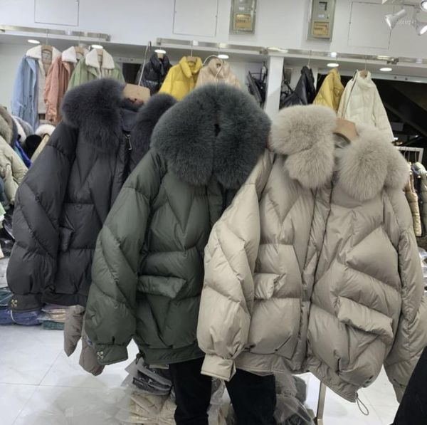 

winter new european goods big fur collar down jacket women short section a word bread clothing thick coat tide dark gra1, Black