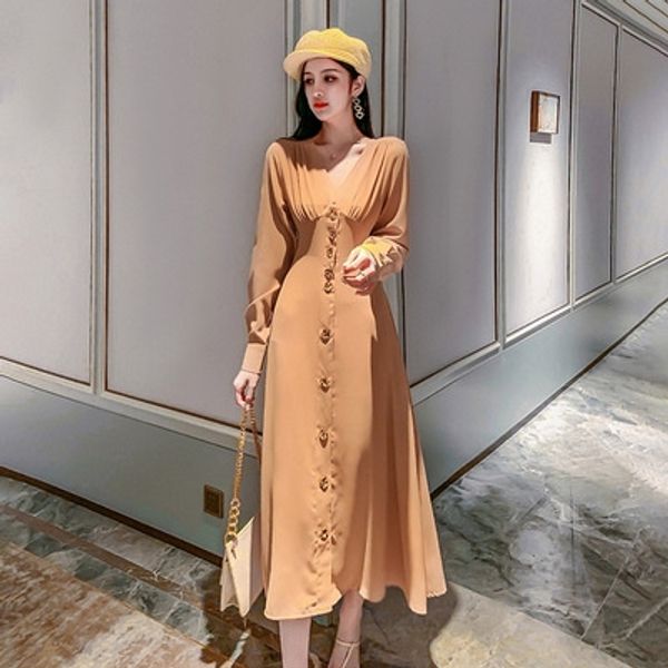 

early autumn 2020 new v-neck women's long dress dress sleeve temperament dresskikyo waistband hepburn style knee length skirt mx6h0, Black;gray