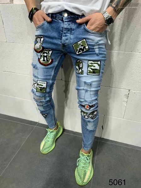 

pencil pants male clothing mens new designer casual washed jeans fashion style slim print hole homme, Blue