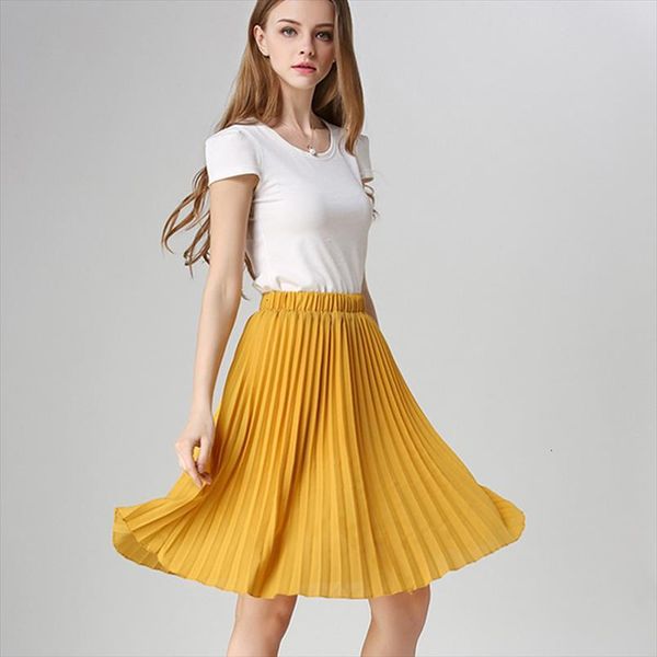 

chiffon women pleated skirt vintage high waist tutu skirts womens saia midi rokken summer style jupe femme skirt, Black