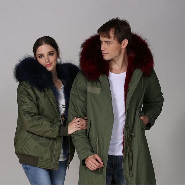 

couple winter long parka fur wear, real huge raccoon fur hoodies casual wear parka, Black