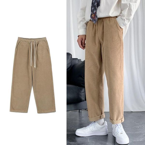

2020 winter men's corduroy fabric straight casual pants loose fashion wide leg pants solid color trouser large size m-5xl, Black