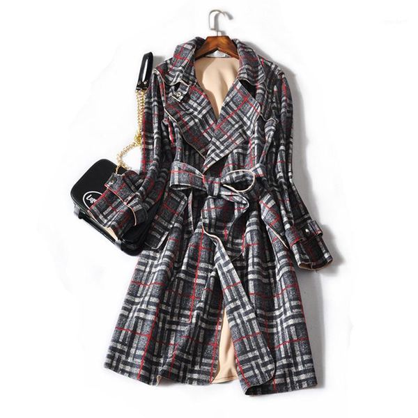 

women's trench coats 2021 spring autumn casual simple classic women long coat with belt plaid overcoat female windbreaker plus size out, Tan;black