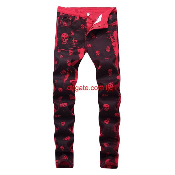 

new men's printed red casual jeans cotton stretch slim men's trousers, Blue